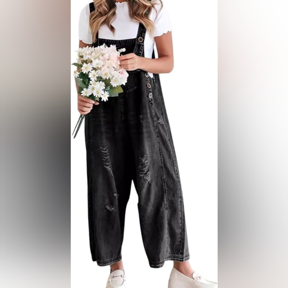 Women's Black Distressed Denim Overalls New, Unworn